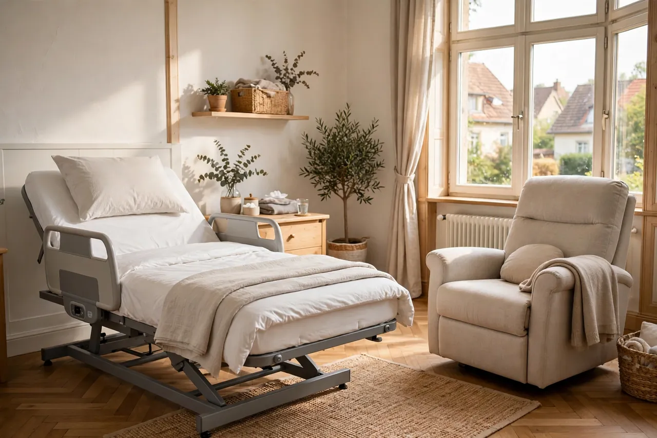 Pflegebett und Pflegestuhl in einem hellen freundlichen Schlafzimmer