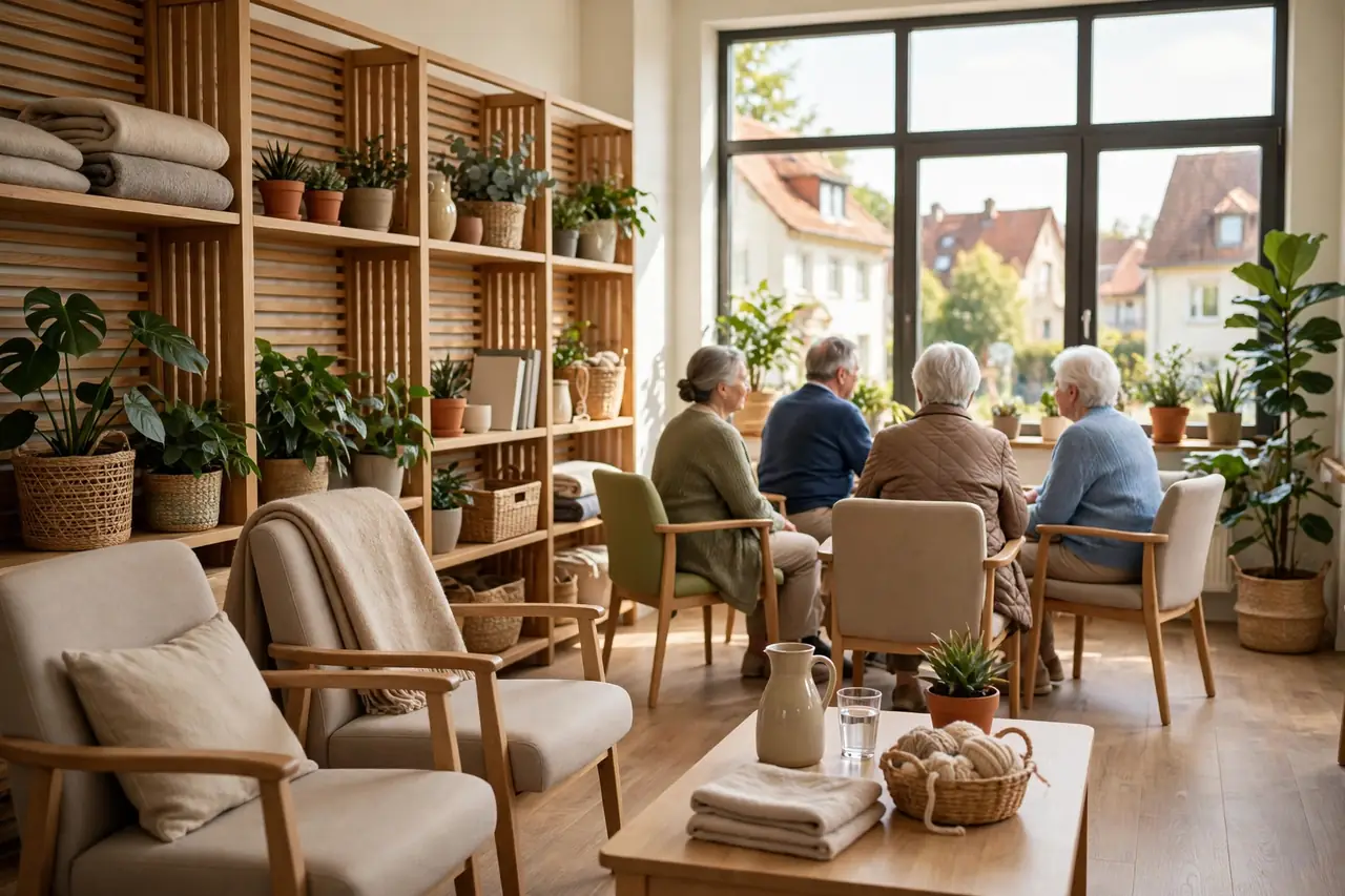Heller Aufenthaltsraum einer Tagespflege mit Sesseln, Pflanzen und Seniorengruppe am Fenster