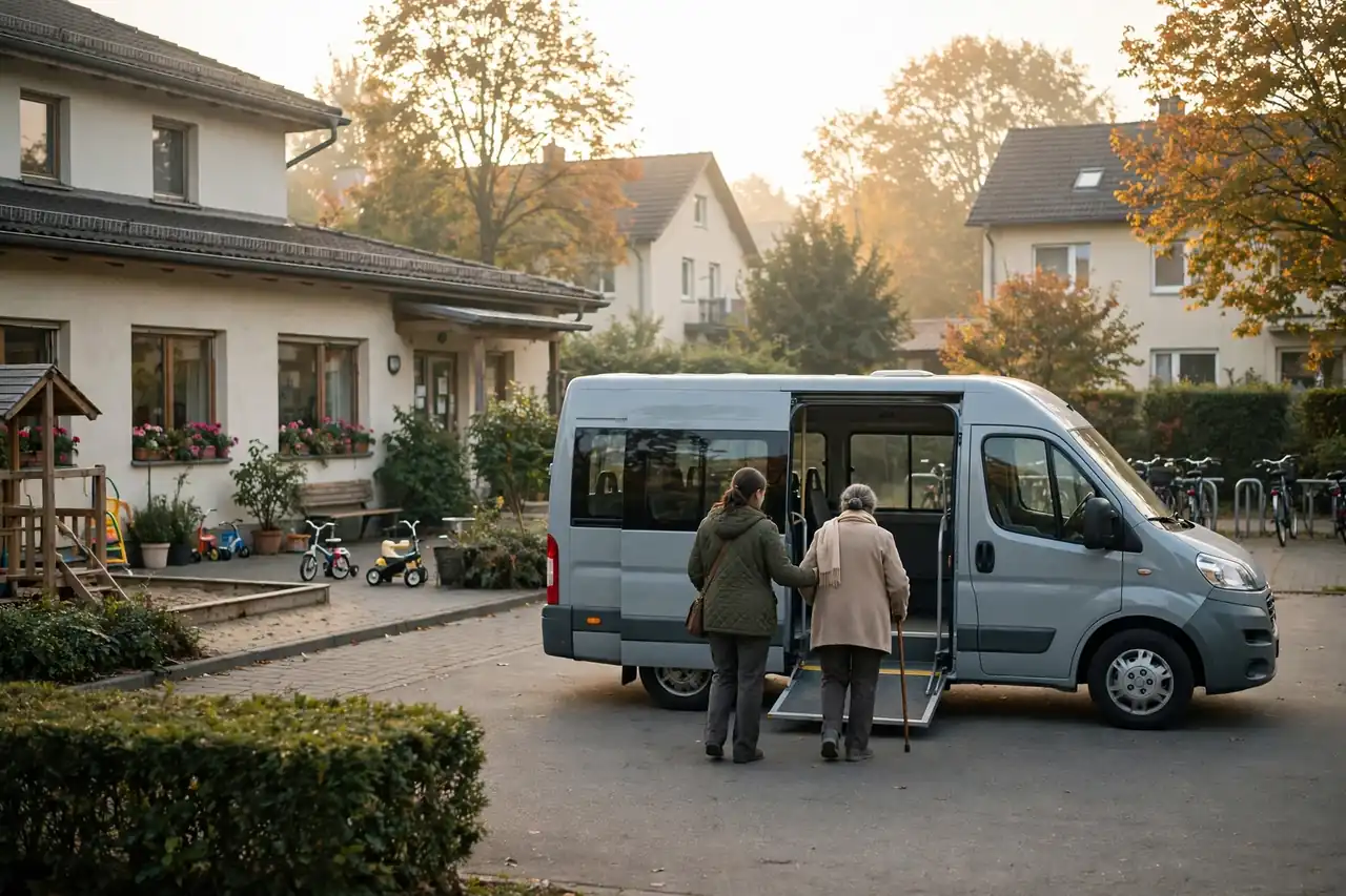 Fahrdienst einer Tagespflege hilft einer Seniorin morgens beim Einsteigen in den Kleinbus