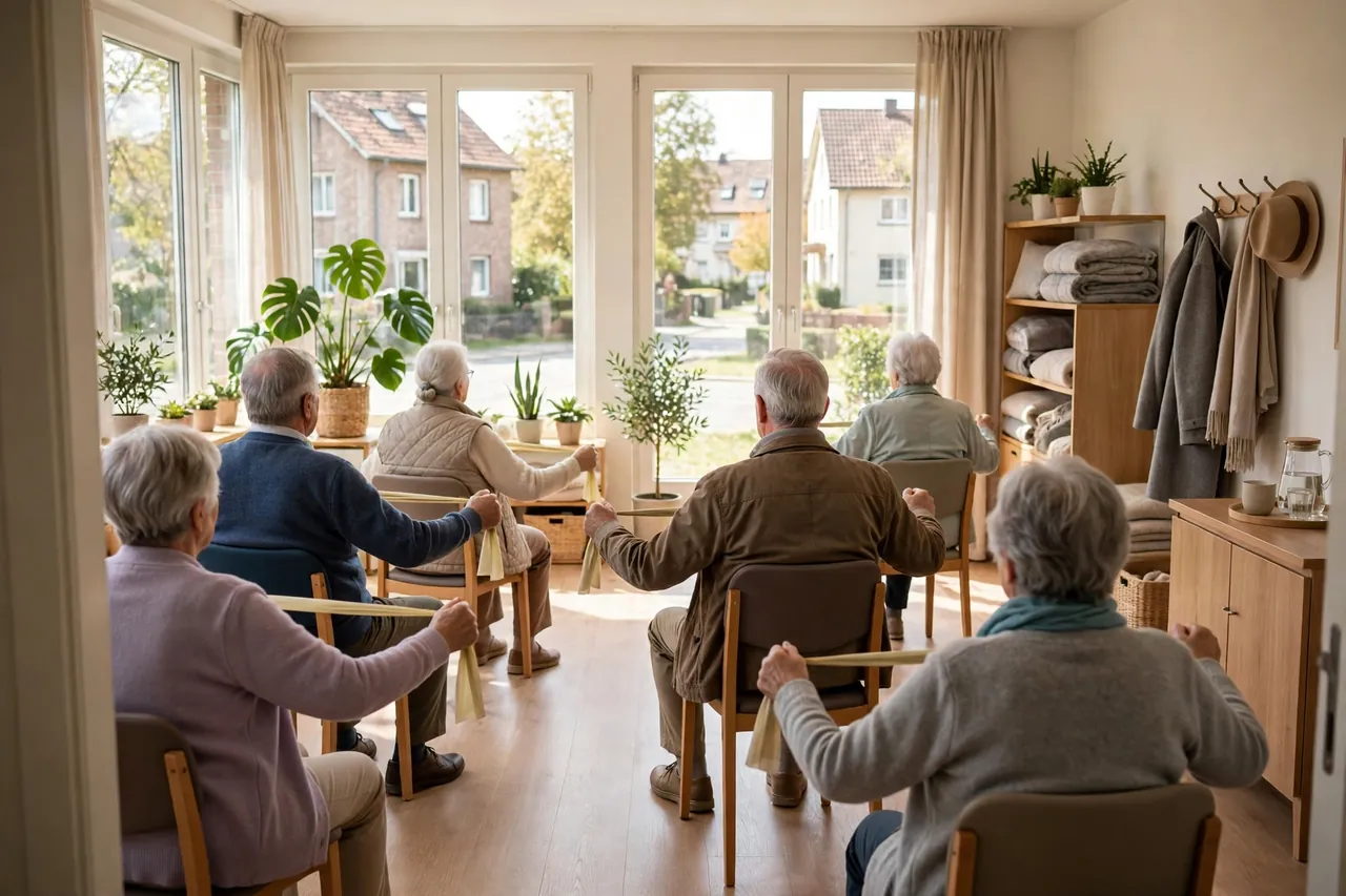 Senioren machen in der Tagespflege gemeinsam sanfte Gymnastik im Sitzen