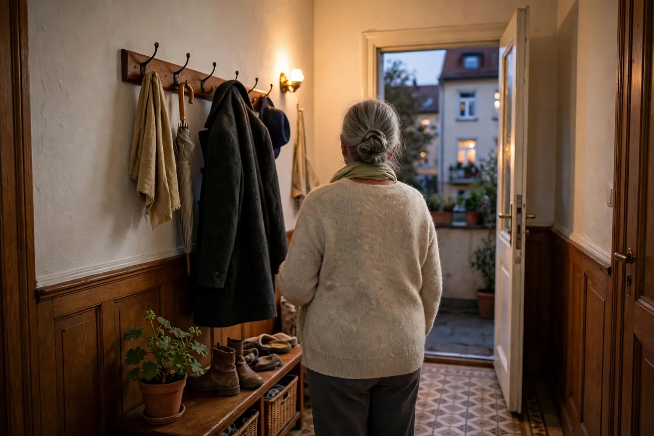 Seniorin kommt abends nach der Tagespflege entspannt in ihrem Flur zu Hause an