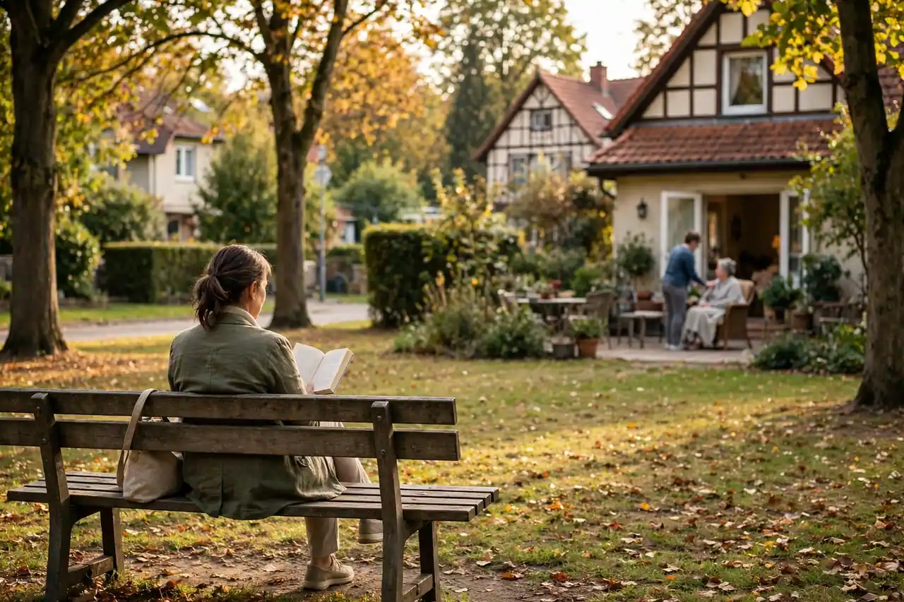 Pflegende Angehörige erholt sich mit einem Buch auf einer Bank im Park