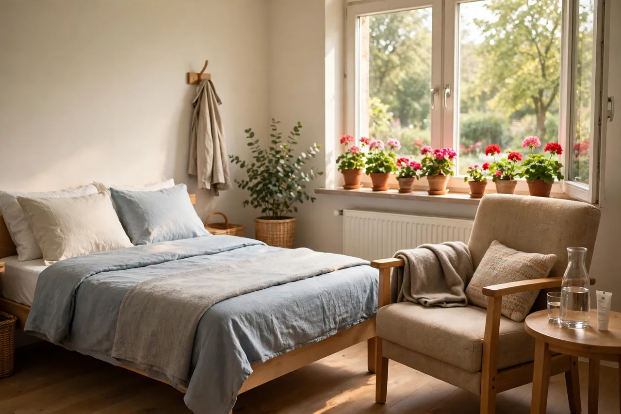 Helles, freundliches Zimmer einer Pflegeeinrichtung mit Bett, Sessel und Blumen