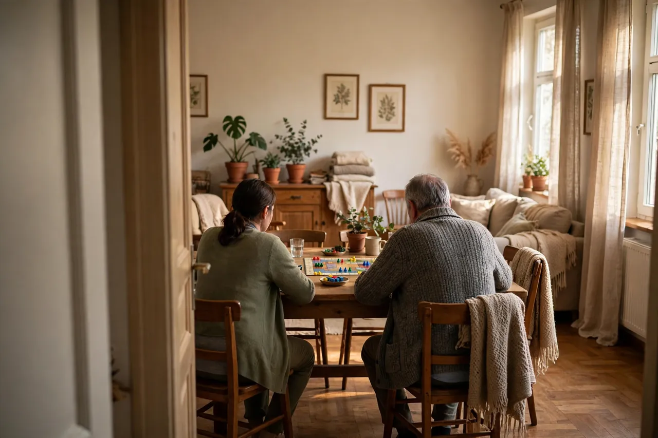 Ersatzpflegekraft spielt mit einem Senior zu Hause ein Brettspiel am Tisch