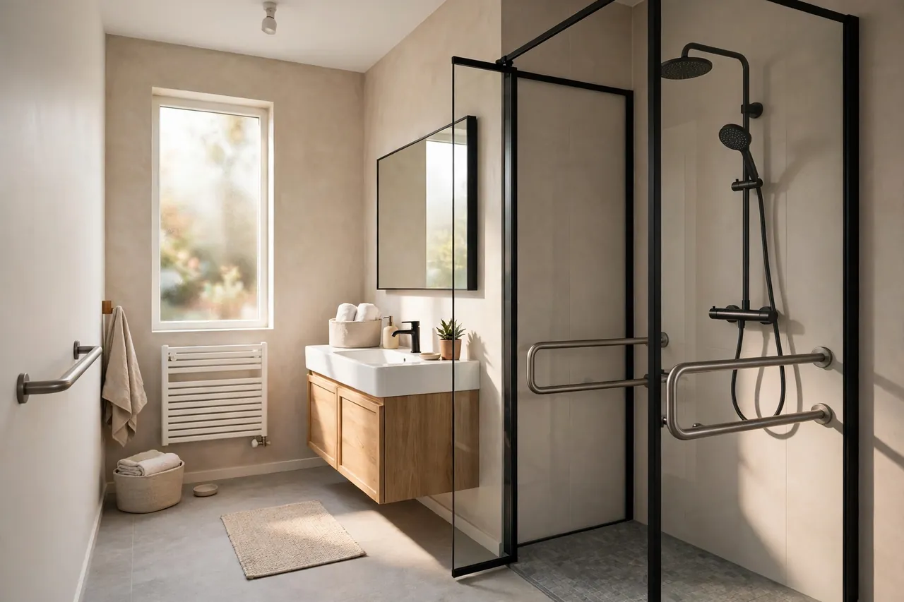 Modernes barrierefreies Bad mit bodengleicher Dusche und fest montierten Haltegriffen