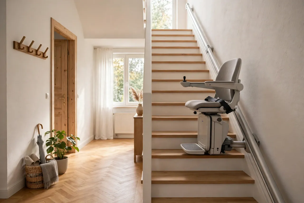 Treppenlift an einer geraden Treppe in einem hellen Hausflur