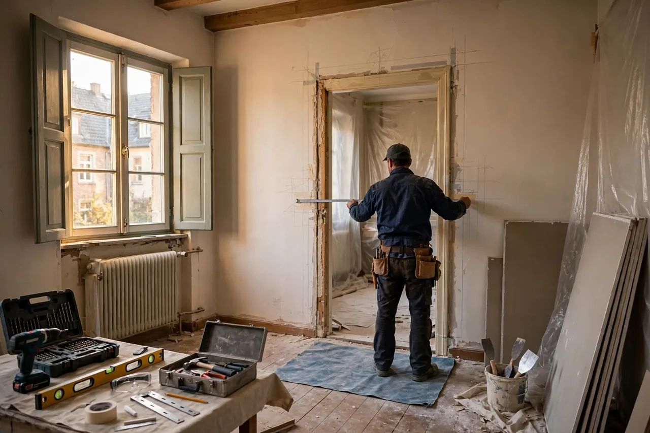 Handwerker vermisst eine Türöffnung für eine Verbreiterung bei einer Renovierung